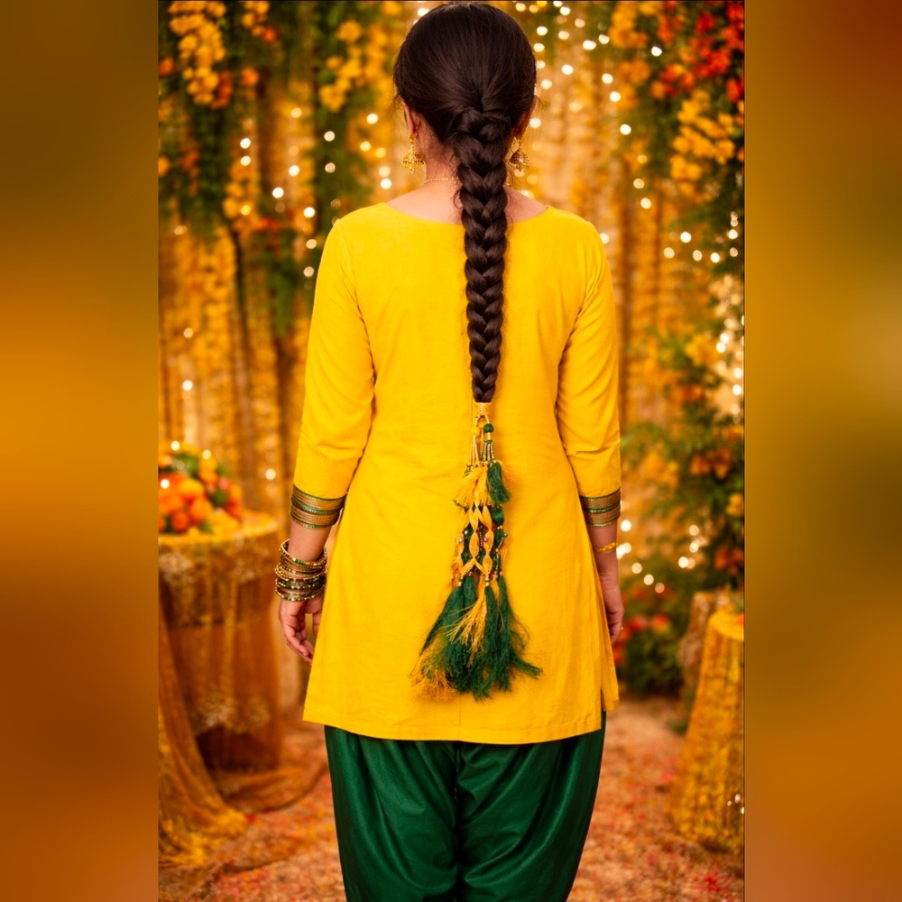 Yellow & Green Pranda with Ghungroo| 37 Inches Long Bridal Mehndi Hair Accessory
